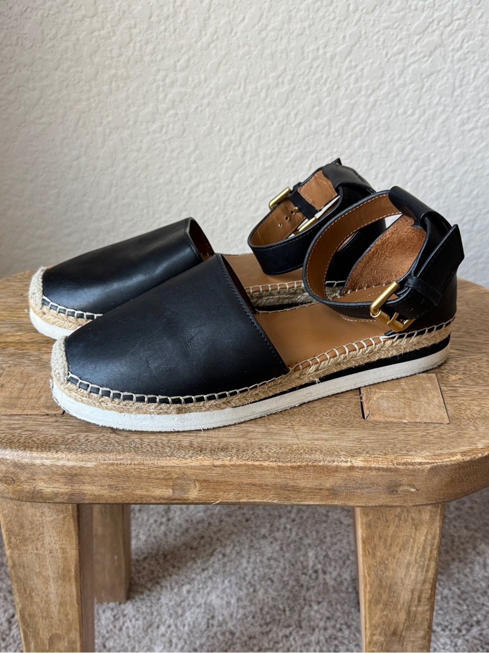 See by Chloe Black Leather Espadrille Sandals with Ankle Strap - Picture 2 of 5